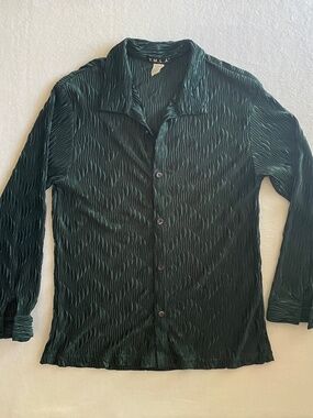 Vintage Y.M.L.A. Shirt Mens L Green Plisse Button Up Disco Rave Club 90s Y2K